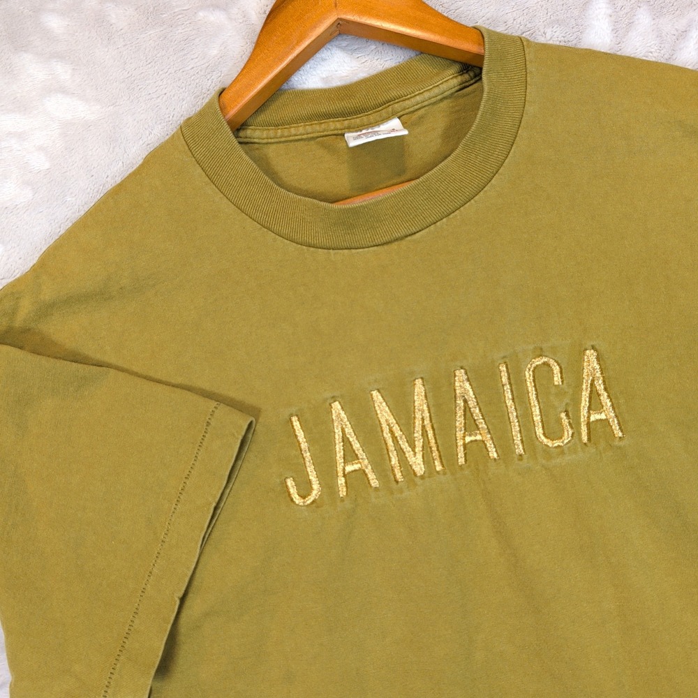 Vintage Single Stitch T-Shirt Mens XL Green Jamaica Embroidered Made in USA VTG